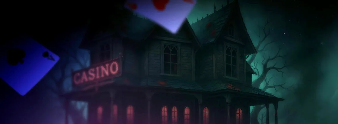 Magic Win Casino haunted house with playing cards flying in the night