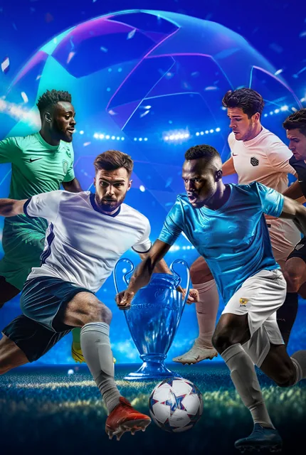 Football players competing for the ball on a floodlit pitch