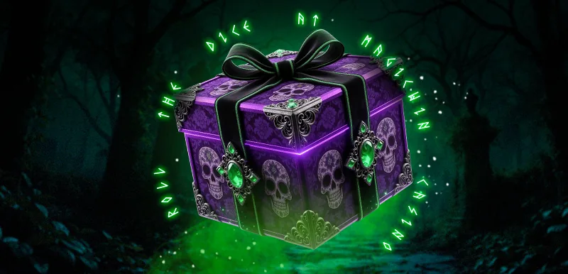 Magic Win welcome gift box glowing in a night forest